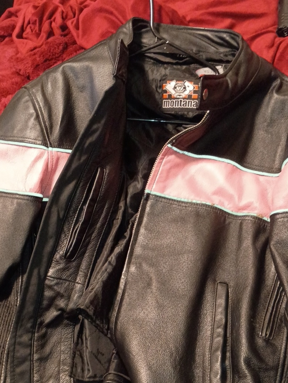 Black Leather Jacket with Pink Stripe